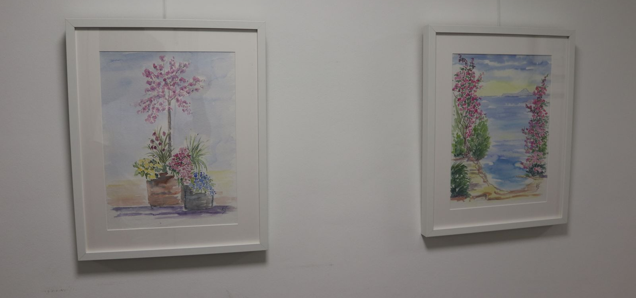 Zwei gerahmte Aquarellbilder mit Naturmotiven hängen an einer hellen Wand in einem Praxisraum